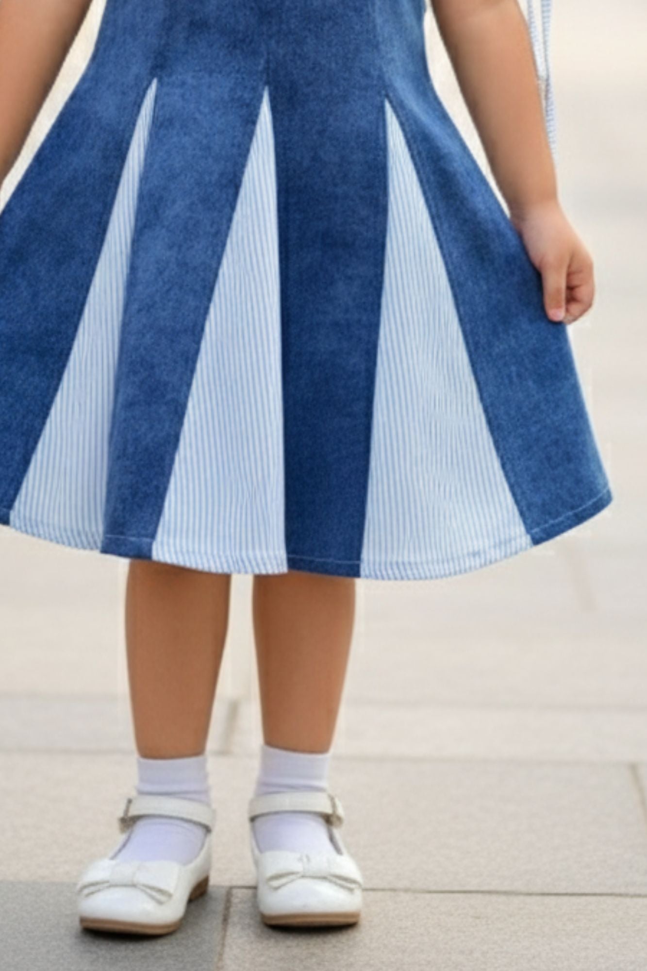 Blue & White Striped Denim Dress with Statement Bow For Girls