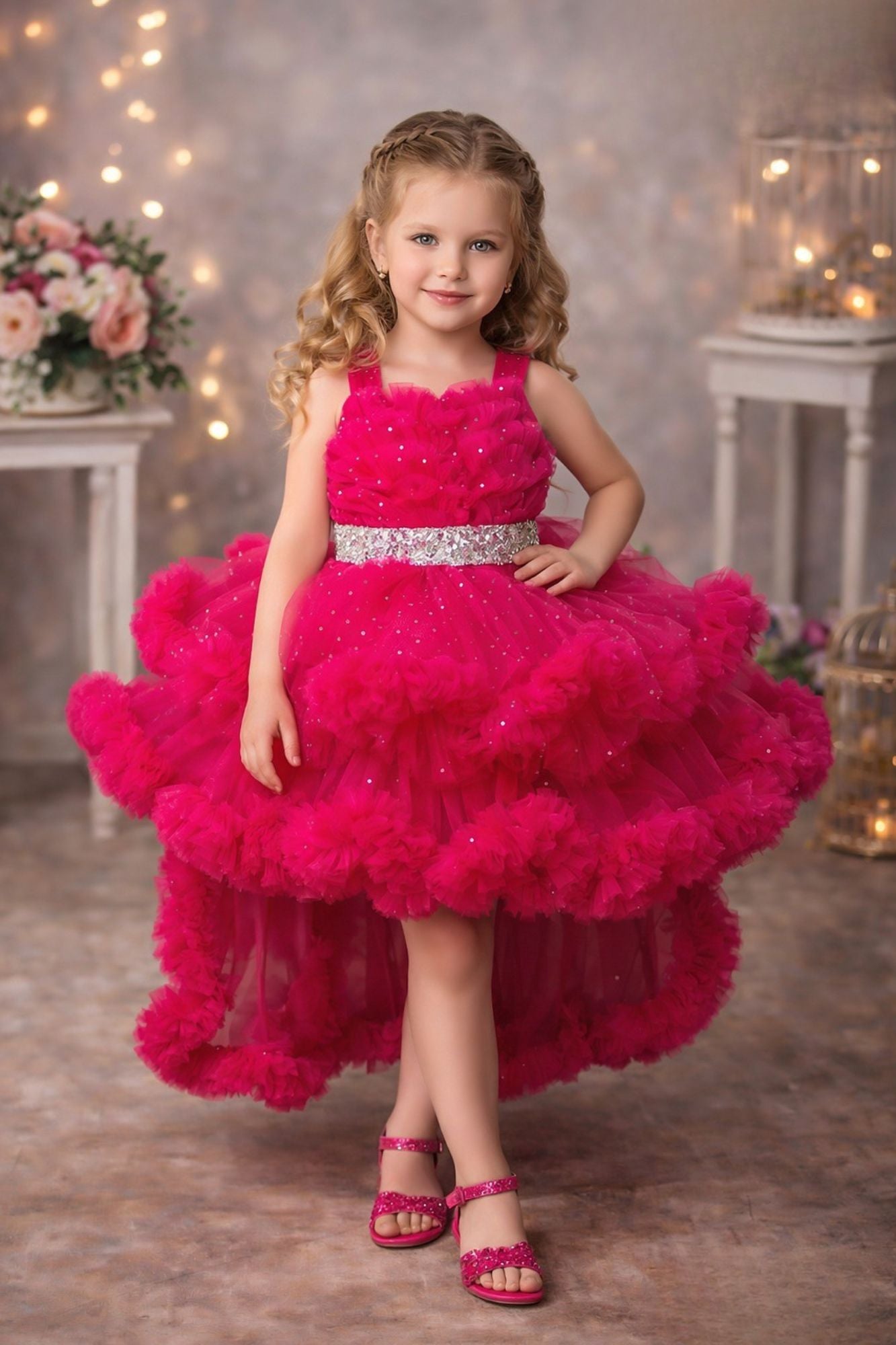 Girls Rani Pink High-Low Party Frock with Ruffled Layers And Embellished Waistbelt