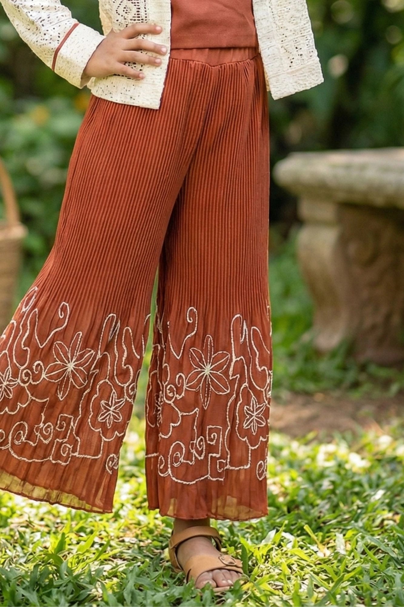 Brown Co-ord Set with Cream Lace Jacket & Floral Motif Top For Girls
