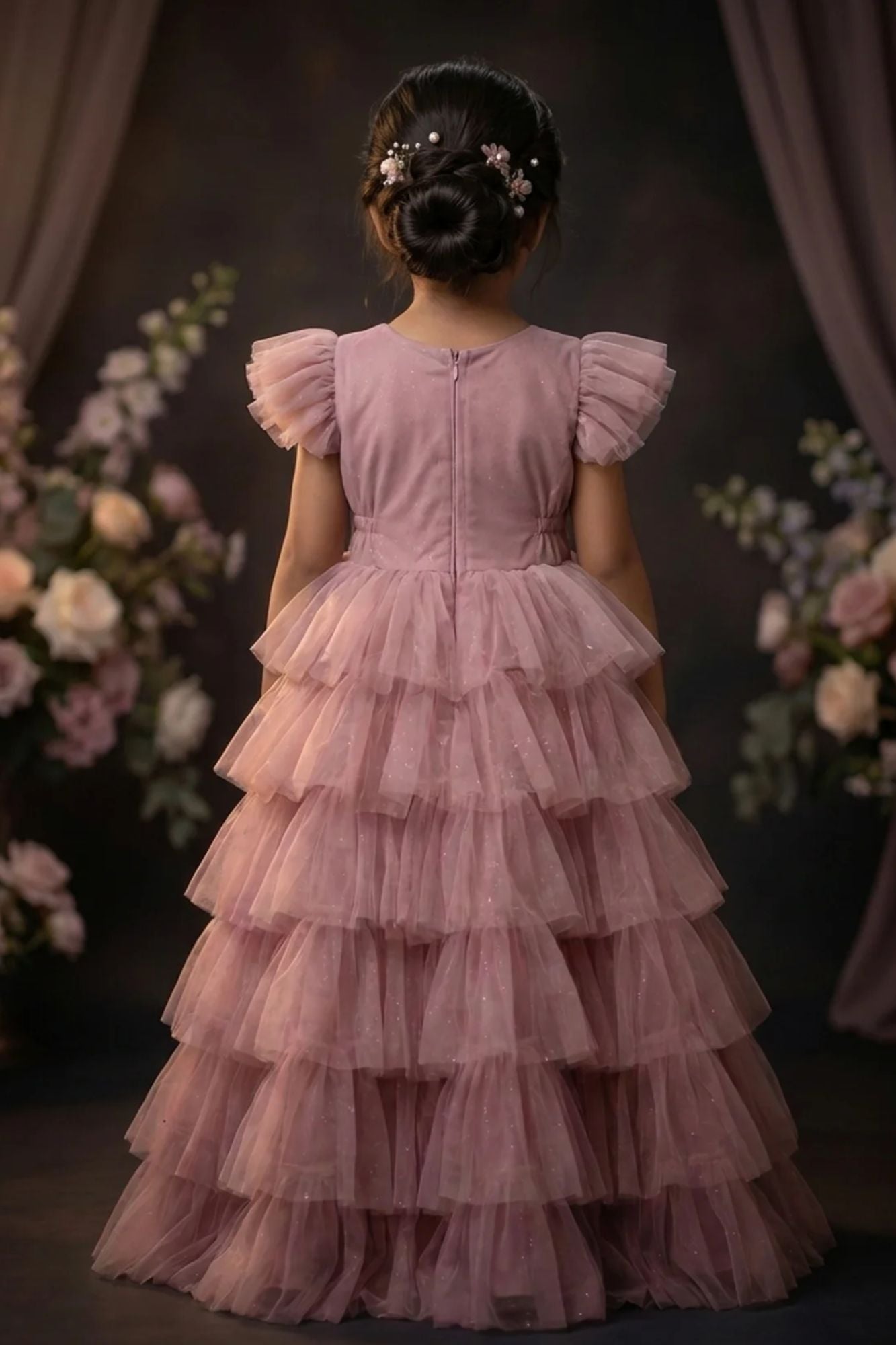 Girls Dusty Pink Layered Ruffle Party Gown with Floral Embellished Bodice