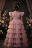 Girls Dusty Pink Layered Ruffle Party Gown with Floral Embellished Bodice