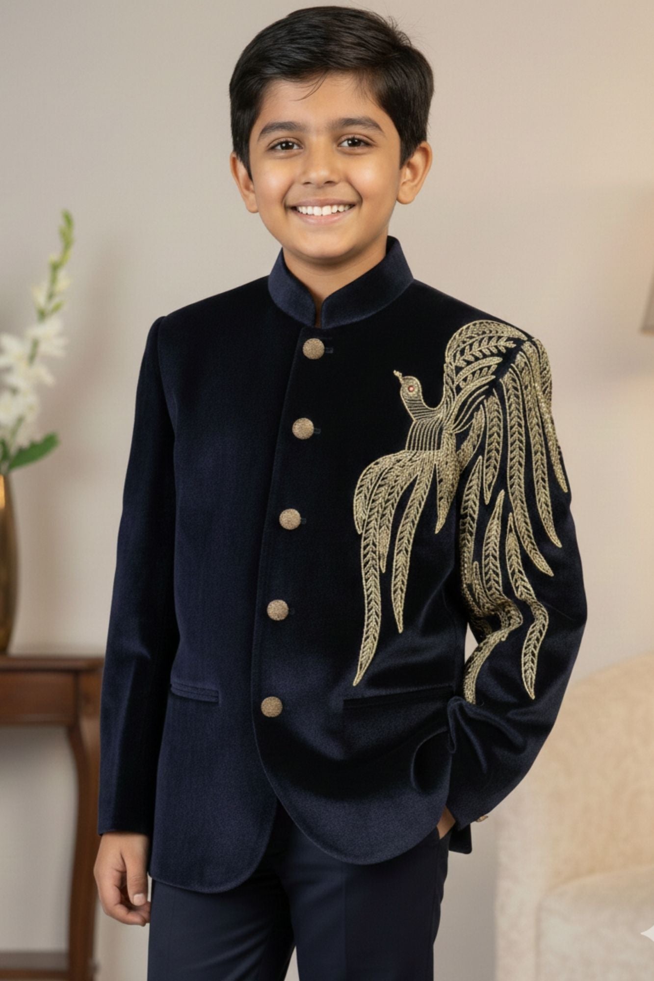 Navy Blue Embroidered Jodhpuri Suit Set With Golden Peacock Motif For Boys