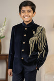 Navy Blue Embroidered Jodhpuri Suit Set With Golden Peacock Motif For Boys