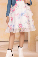 White Sleeveless Floral Printed Frock With Denim Overcoat For Girls