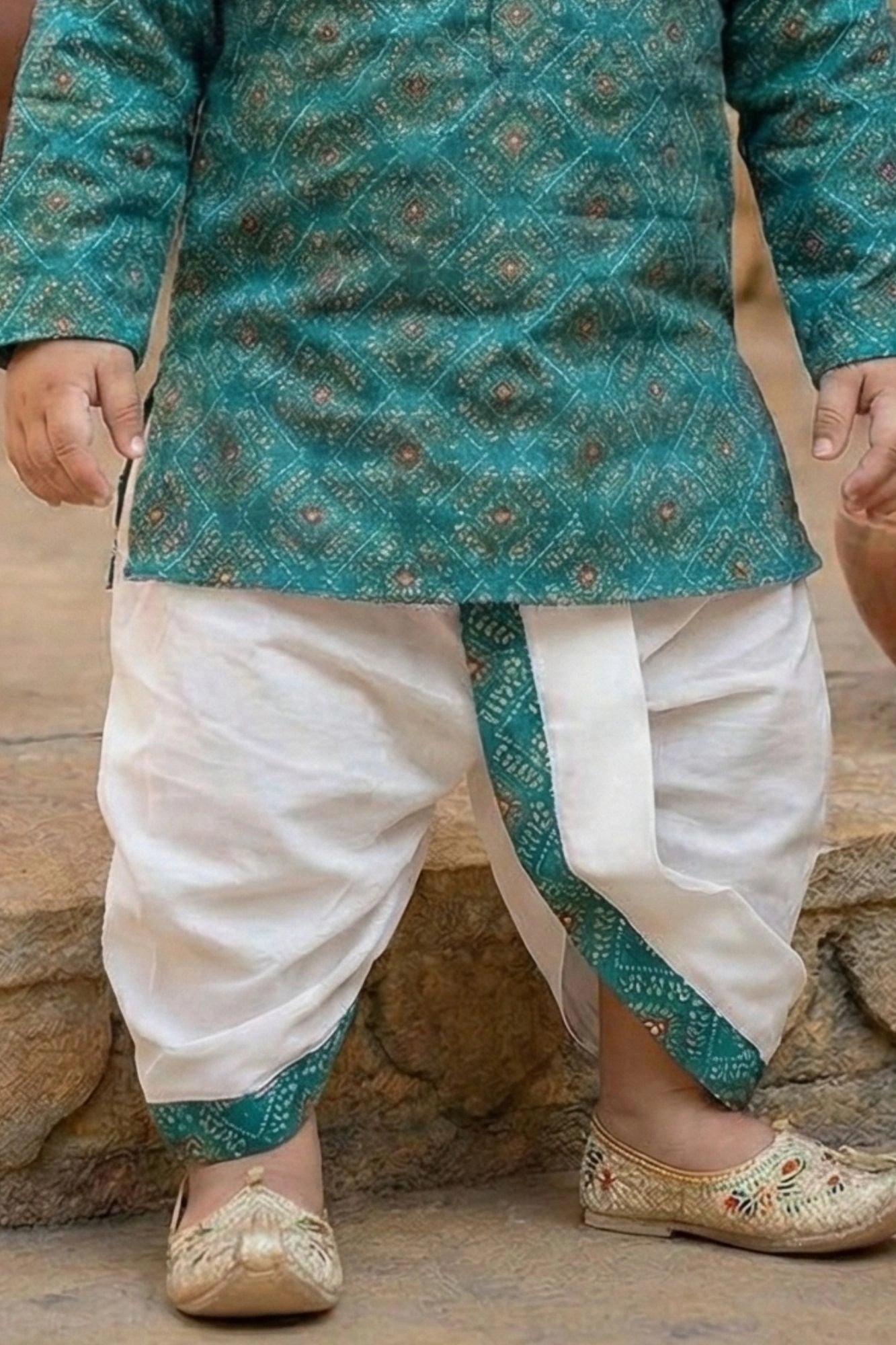 Teal Ethnic Printed Kurta Dhoti Set for Boys