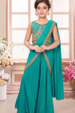 Teal Green Draped Palazzo Saree with Embroidered Blouse For Girls