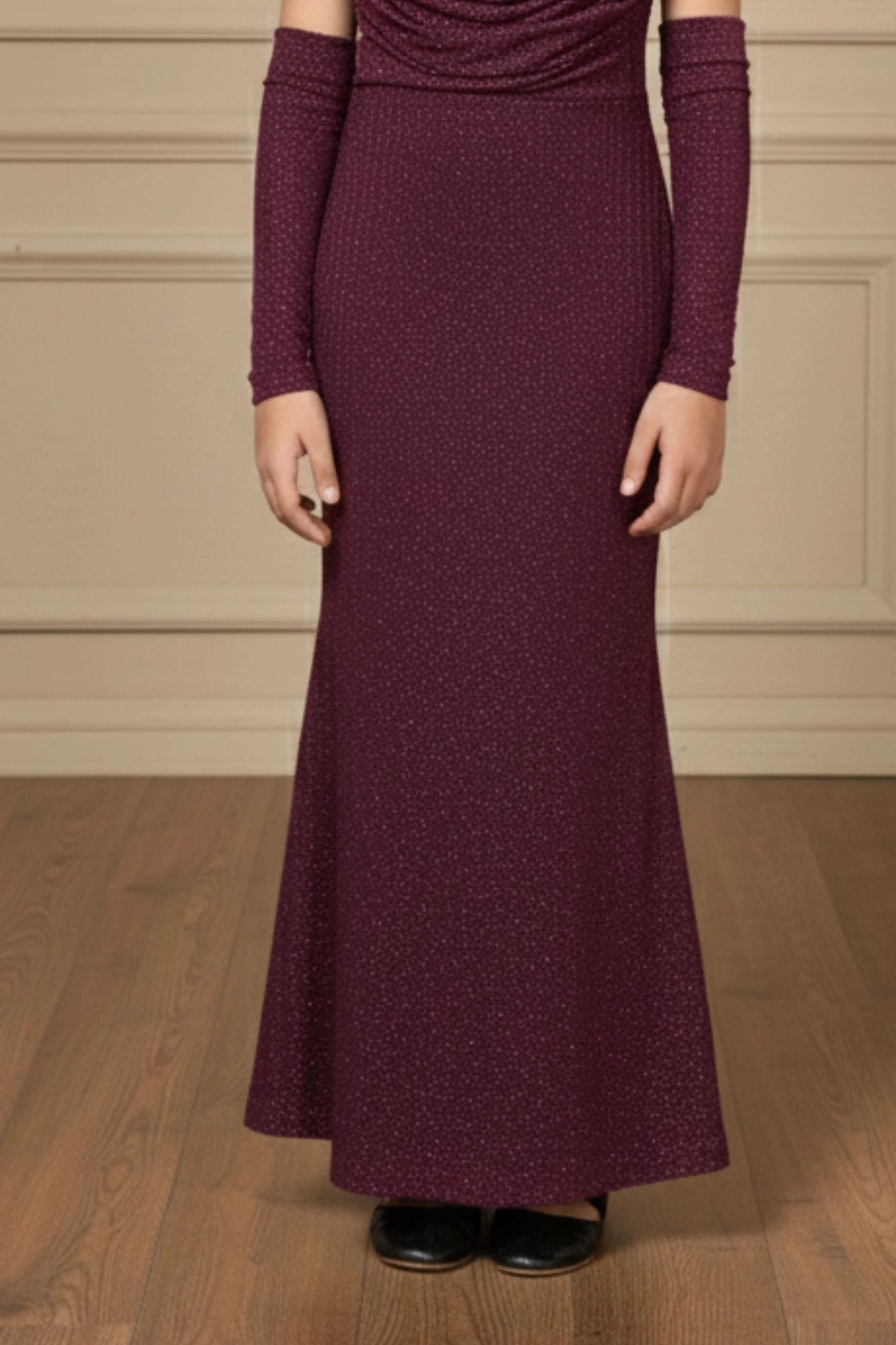 Maroon Glitter Cold-Shoulder Mermaid Gown with Matching Arm Sleeves For Girls