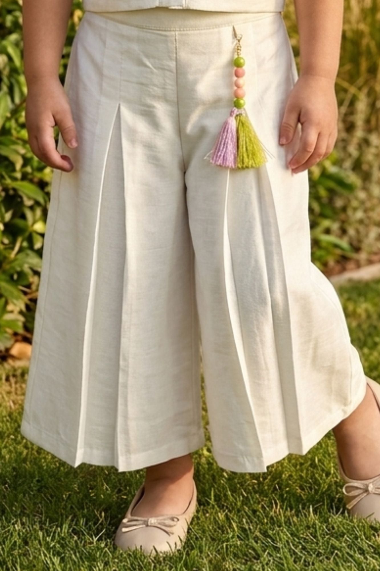 Girls Cream Pleated Co-Ord Set with Floral Patch Pocket