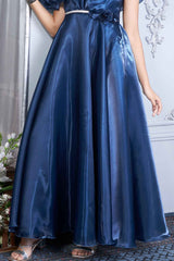 Navy Blue Organza Partywear Gown With Stone Waist Band For Girls