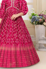 Dark Pink Bandhani Printed Gown With Sequin Work For Girls