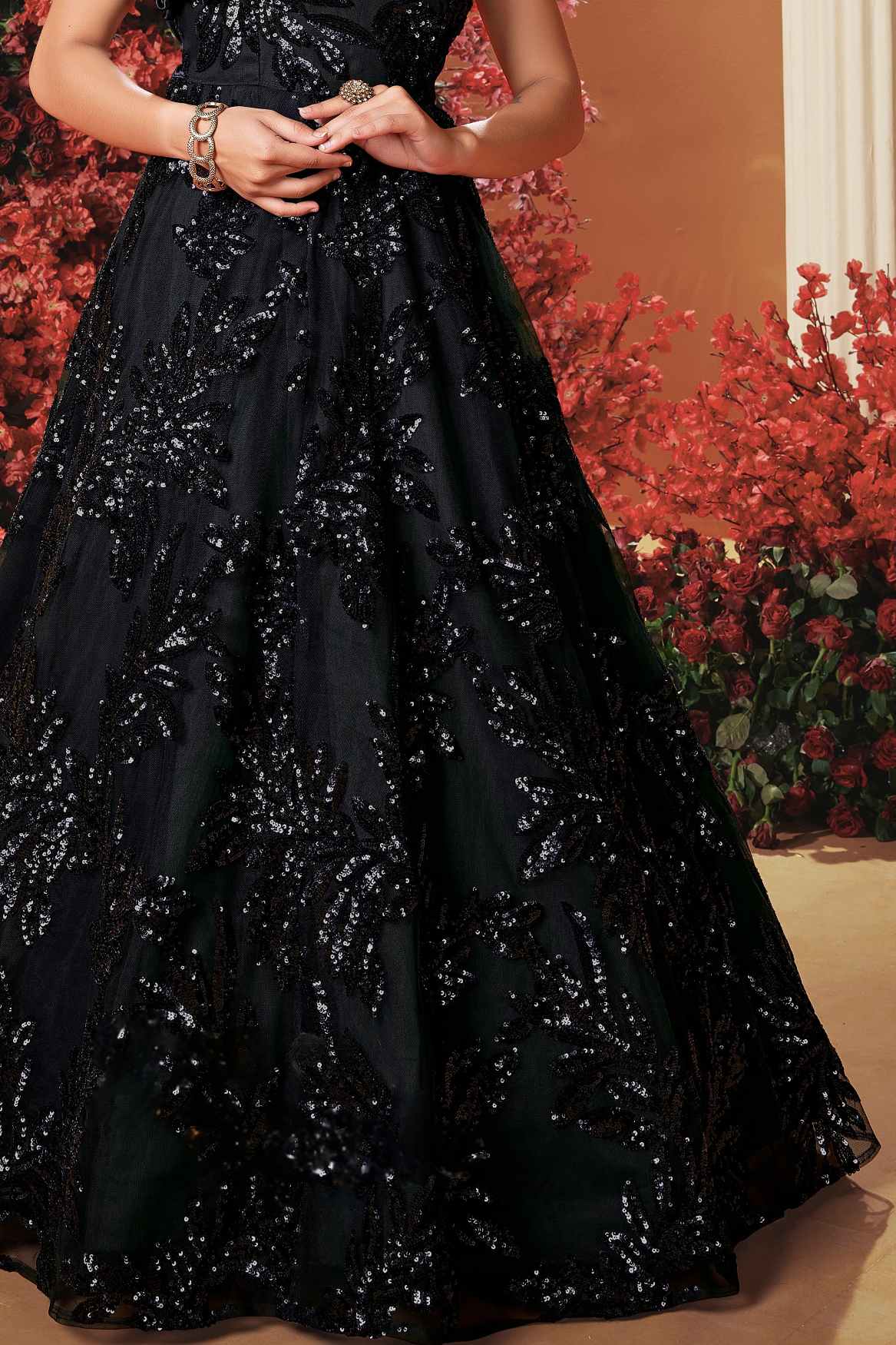 Elegant Black Sequined Partywear Gown For Girls
