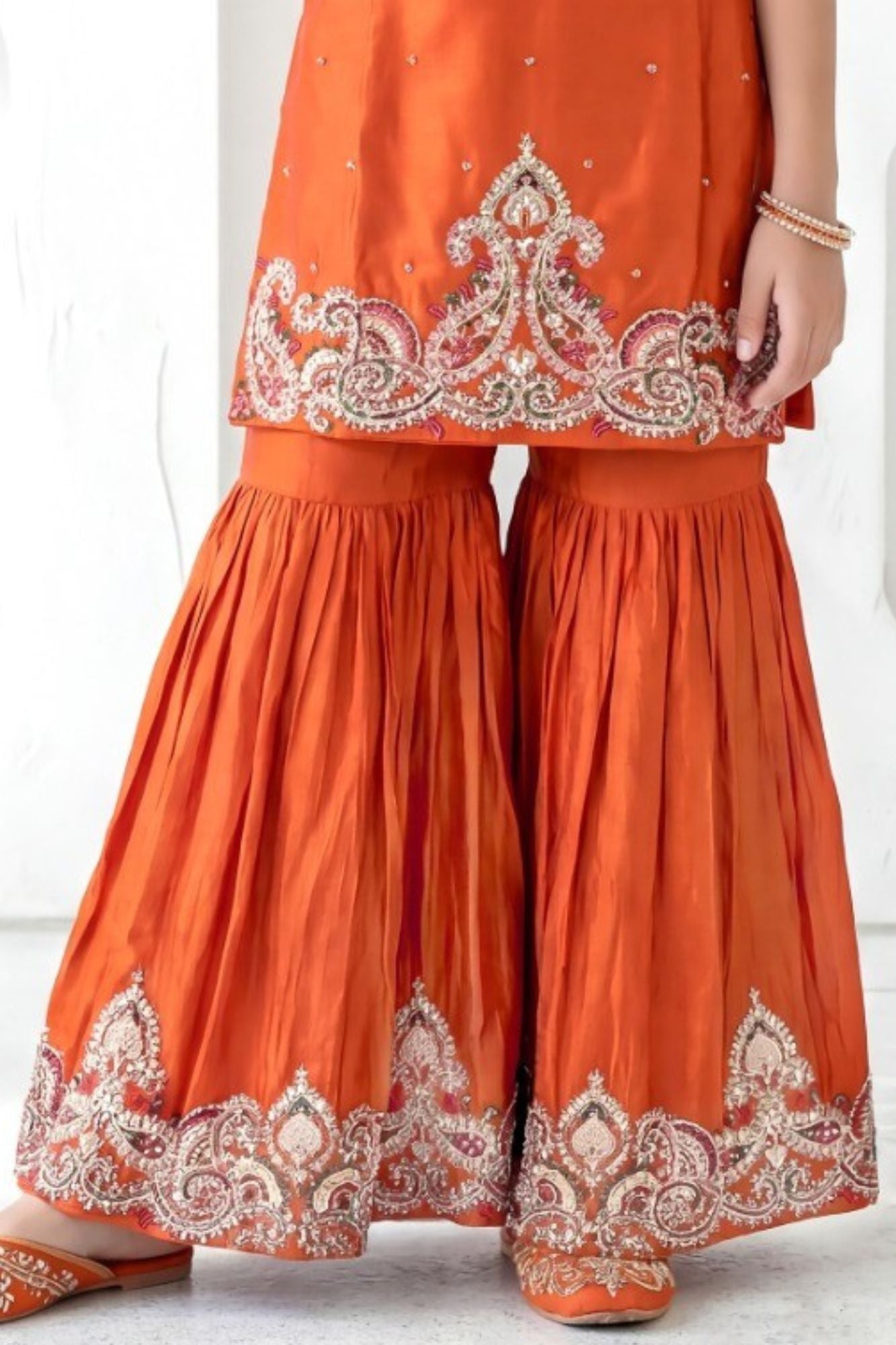 Orange Embroidered Sharara Set With Dupatta For Girls