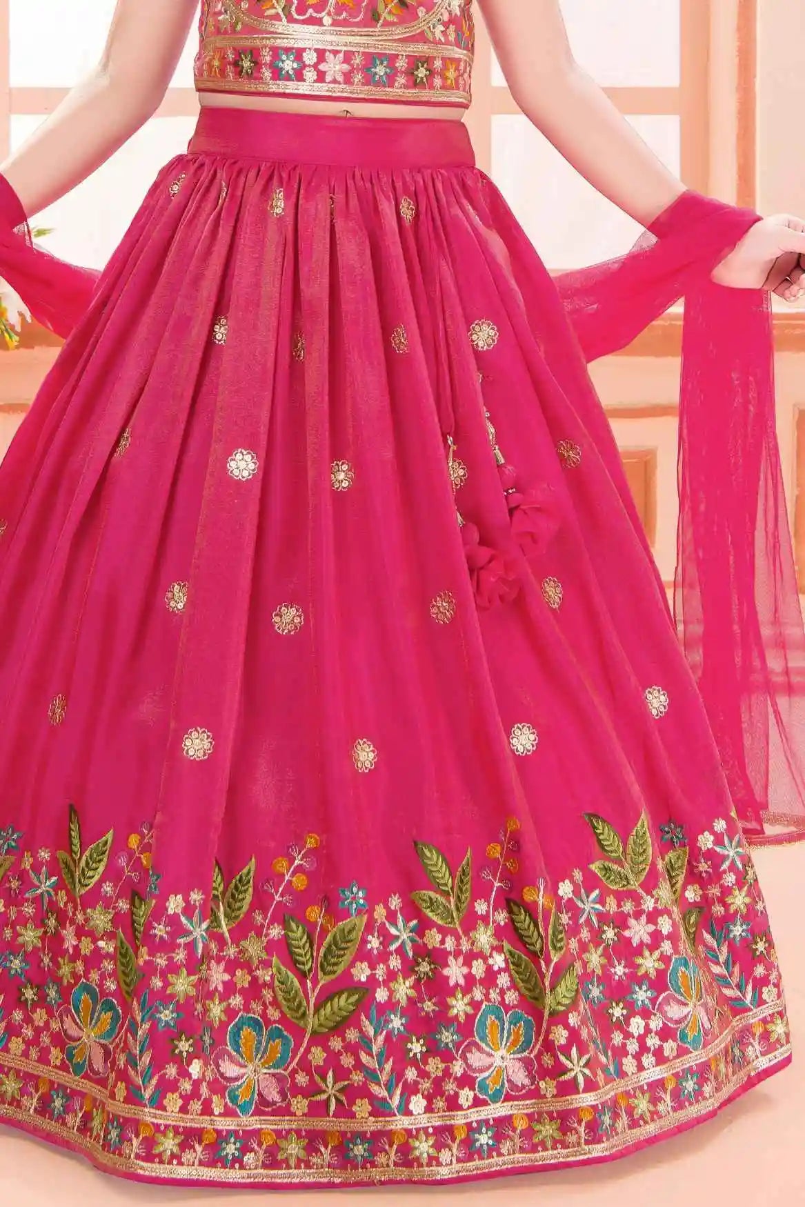 Rani Pink Multicolor Embroidered Lehenga Choli For Girls
