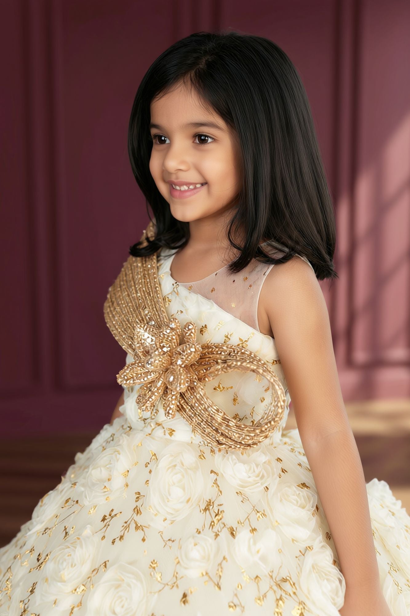 Girls Cream Floral Party Frock with 3D Rosette Work And Statement Bow