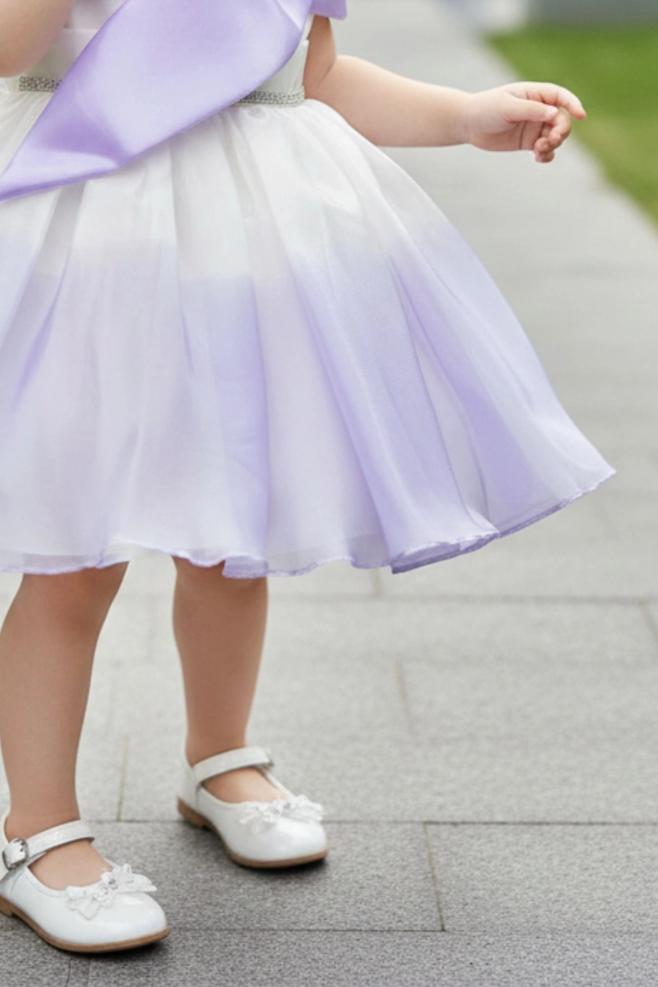 Lavender & White Ombre Party Wear Frock With One-Shoulder Bow Design For Girls