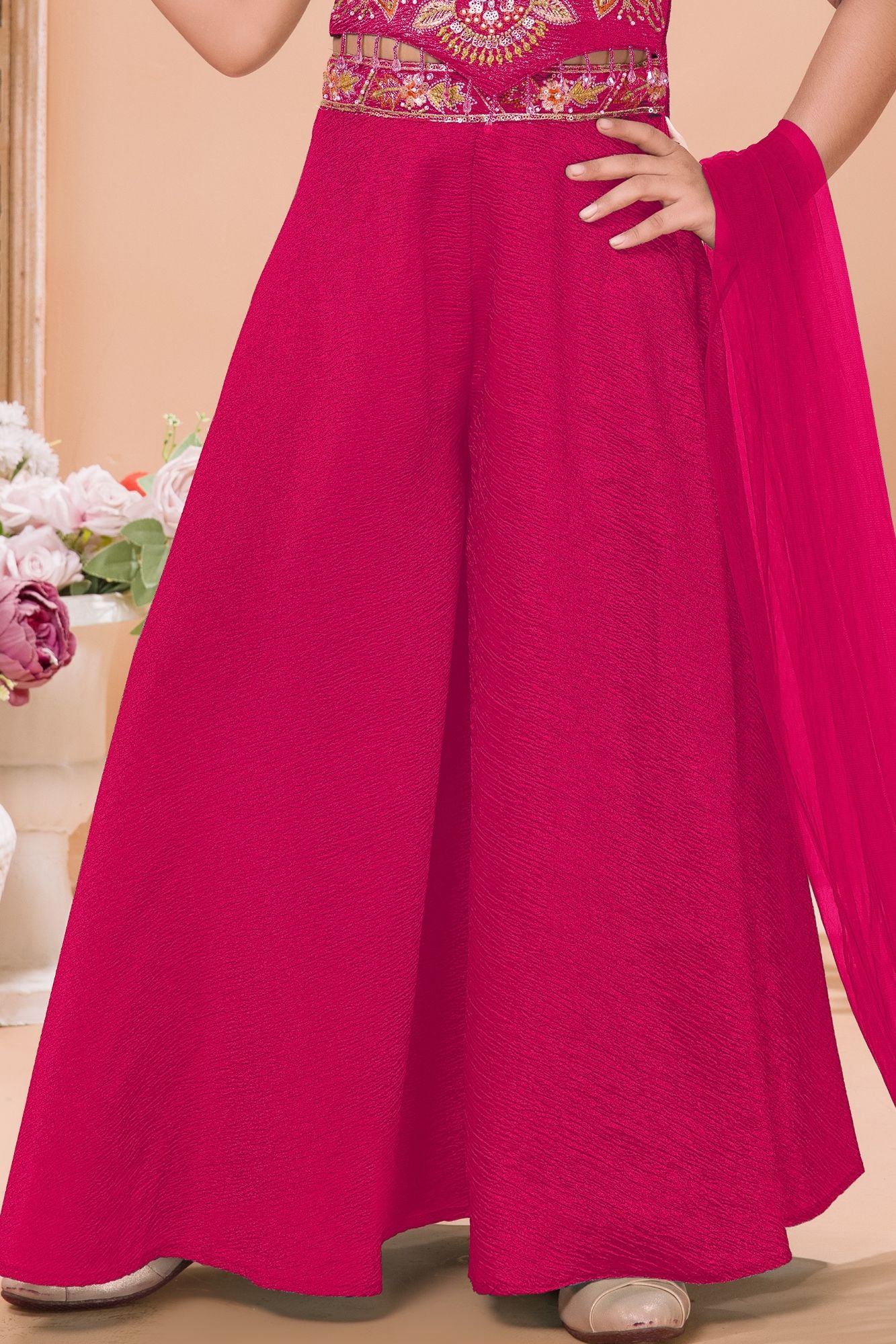 Rani Pink Sequins Work With Thread Embroidery For Palazzo Set For Girls
