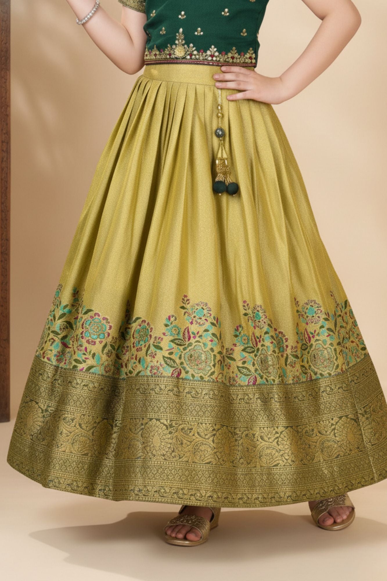 Bottle Green Silk  Pattu Pavadai with Puff Sleeves For Girls