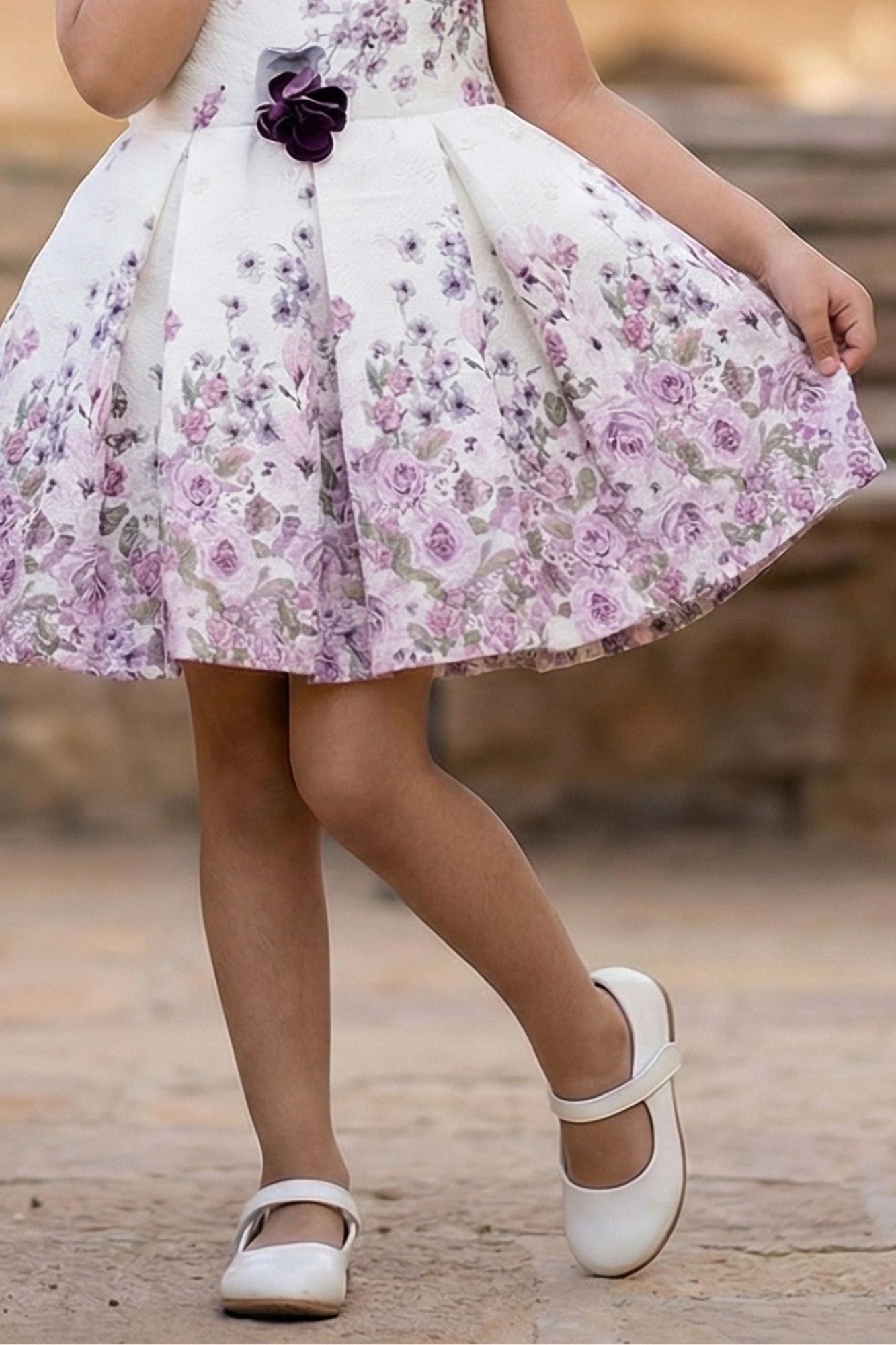 Cream Floral Party Frock with Pink Rose Print & Puff Sleeves For Girls