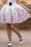 Cream Floral Party Frock with Pink Rose Print & Puff Sleeves For Girls