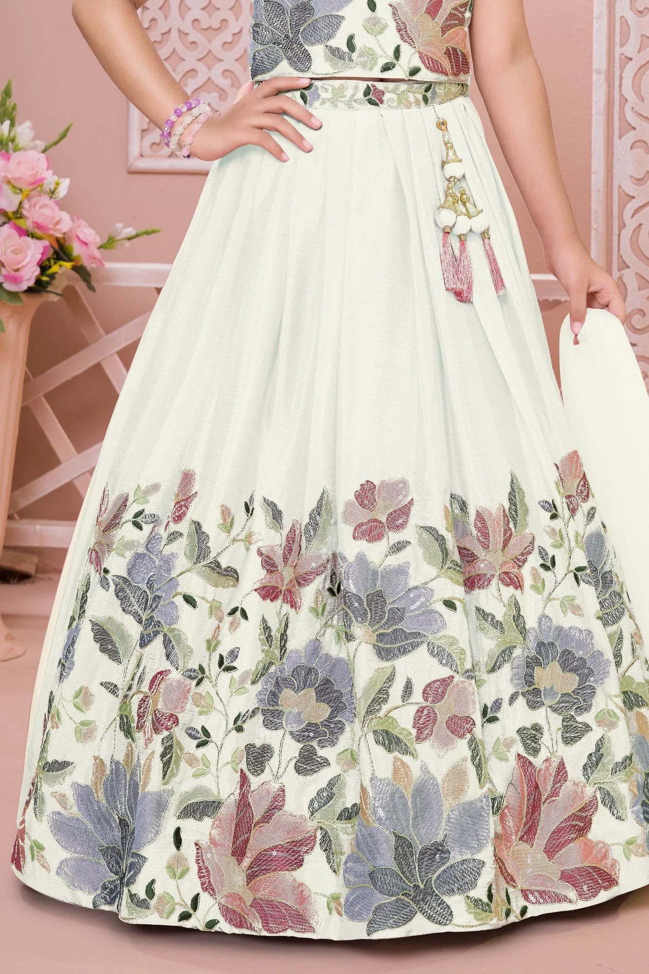 Cream Floral Embroidered Lehenga Choli And Dupatta For Girls