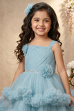 Blue Sleeveless Stone Work And Floral Embellished Tail Back Frock For Girls