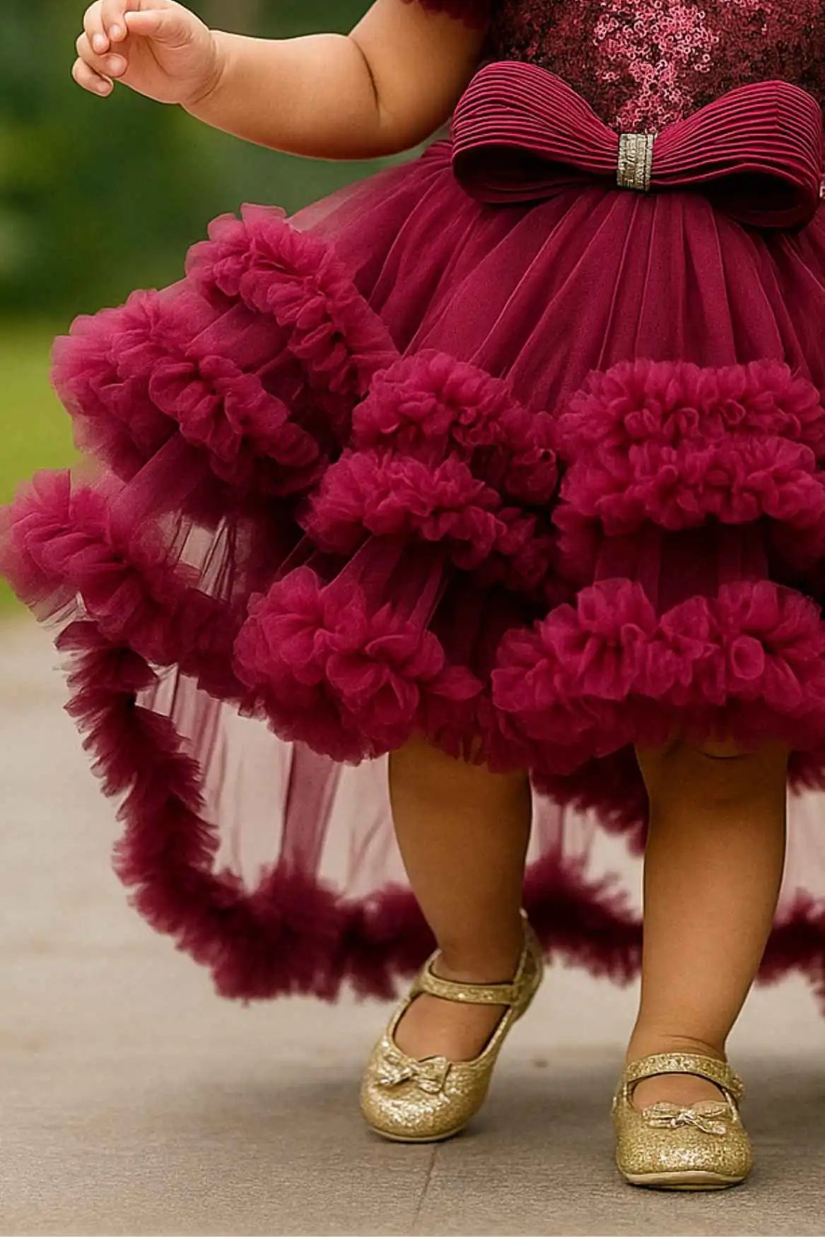 Wine Ruffle Party Frock With Sequin Bows And High-Low Hem For Girls
