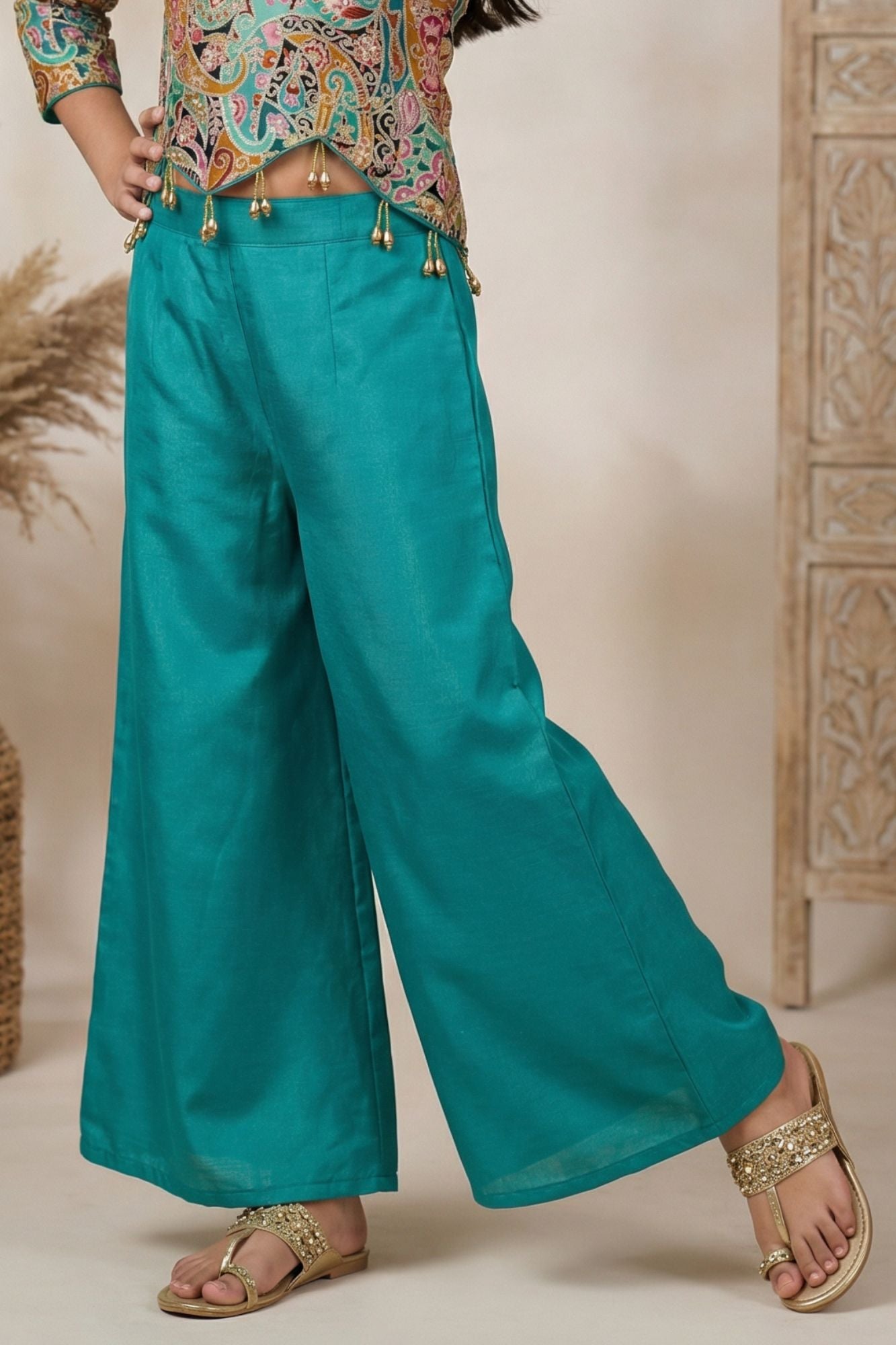 Rama Green Palazzo Set with Multicolor Paisley Embroidered Top For Girls