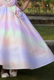 Multicolor Rainbow Princess Gown With Floral Embellishment For Girls