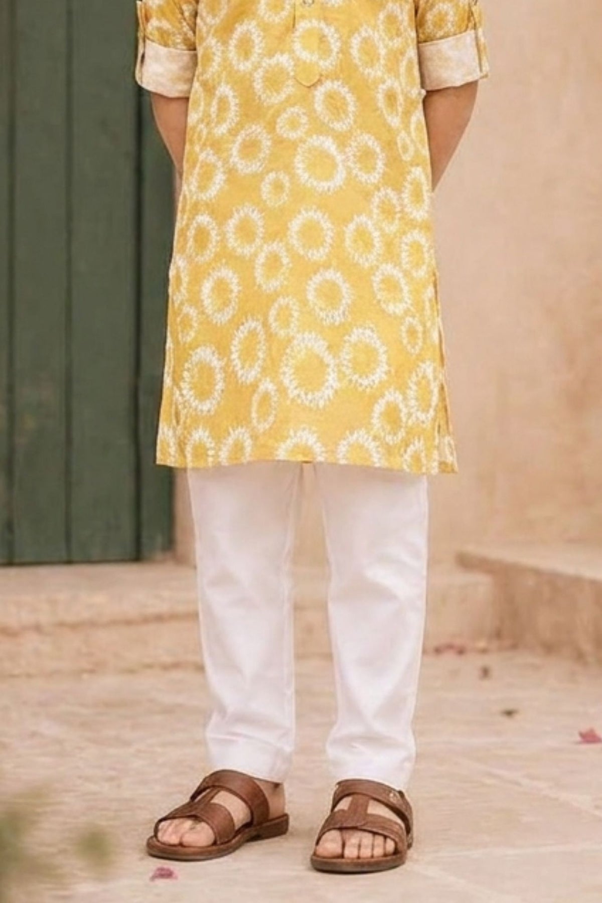 Tie And Dye Yellow Kurta Set For Boys