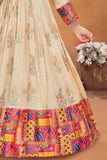 Designer Beige And Rani Pink Floral Printed Ethnic Gown With Multicolor Borders For Girls