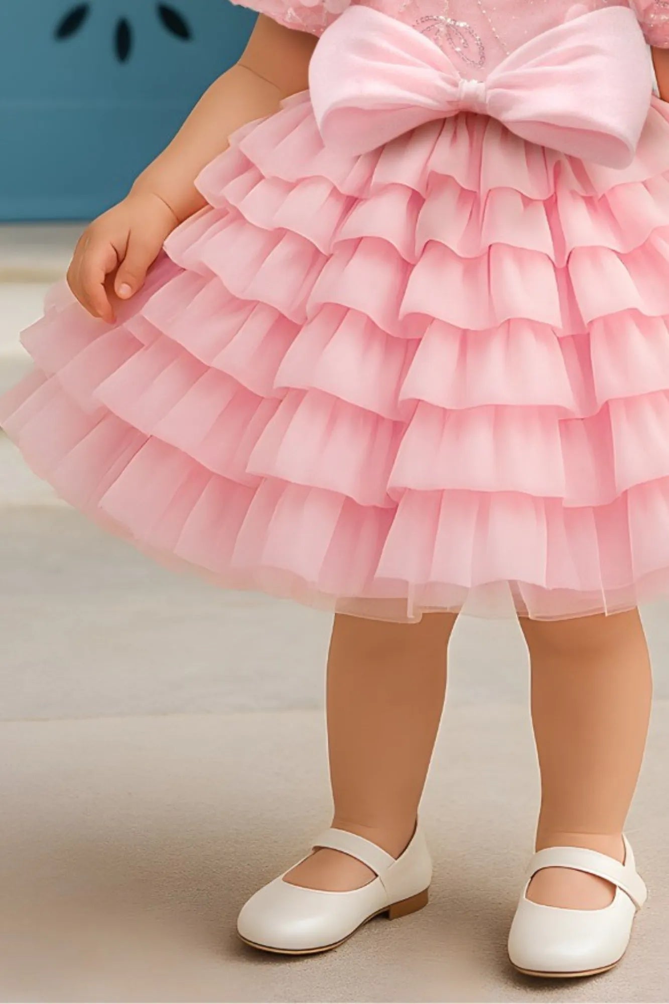 Pink Floral Embellished Party Frock With Puff Sleeves And Ruffle Skirt For Girls