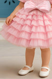 Pink Floral Embellished Party Frock With Puff Sleeves And Ruffle Skirt For Girls