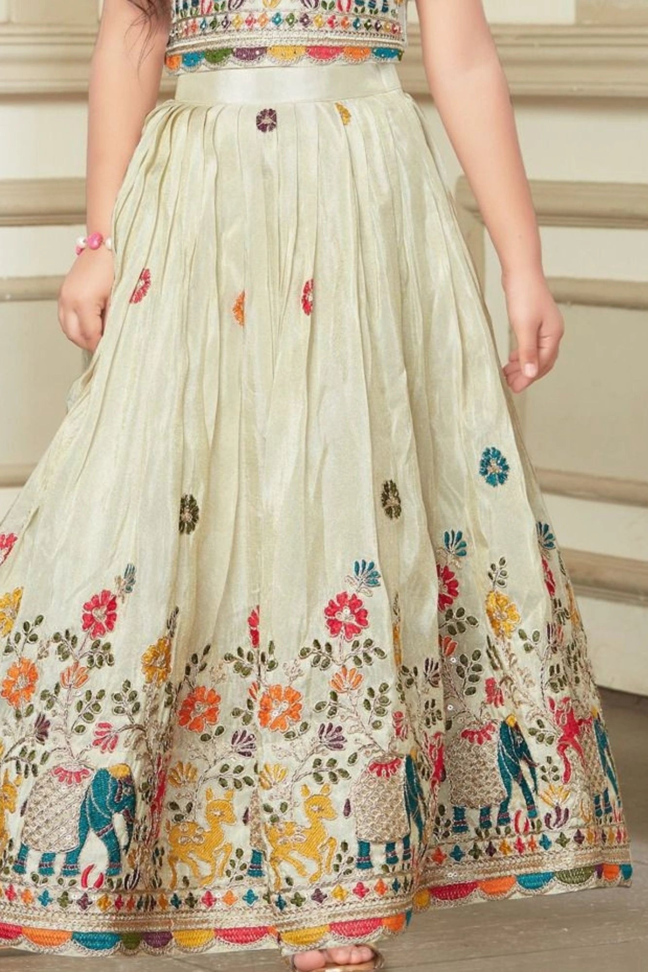 White Pink Folk Embroidered Lehenga Choli for Girls