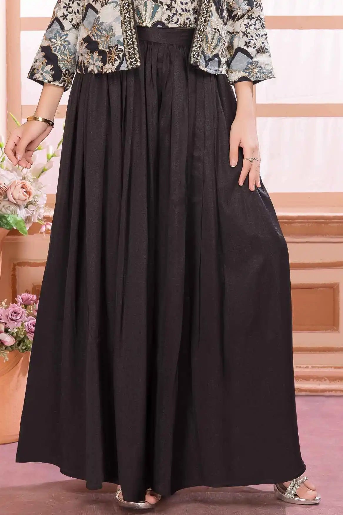 Black Palazzo Set With Embroidered Top And Jacket For Girls