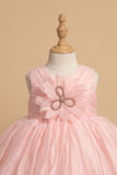 Peach Party Frock with Oversized Floral Appliqué and Pleated Shine Finish For Girls