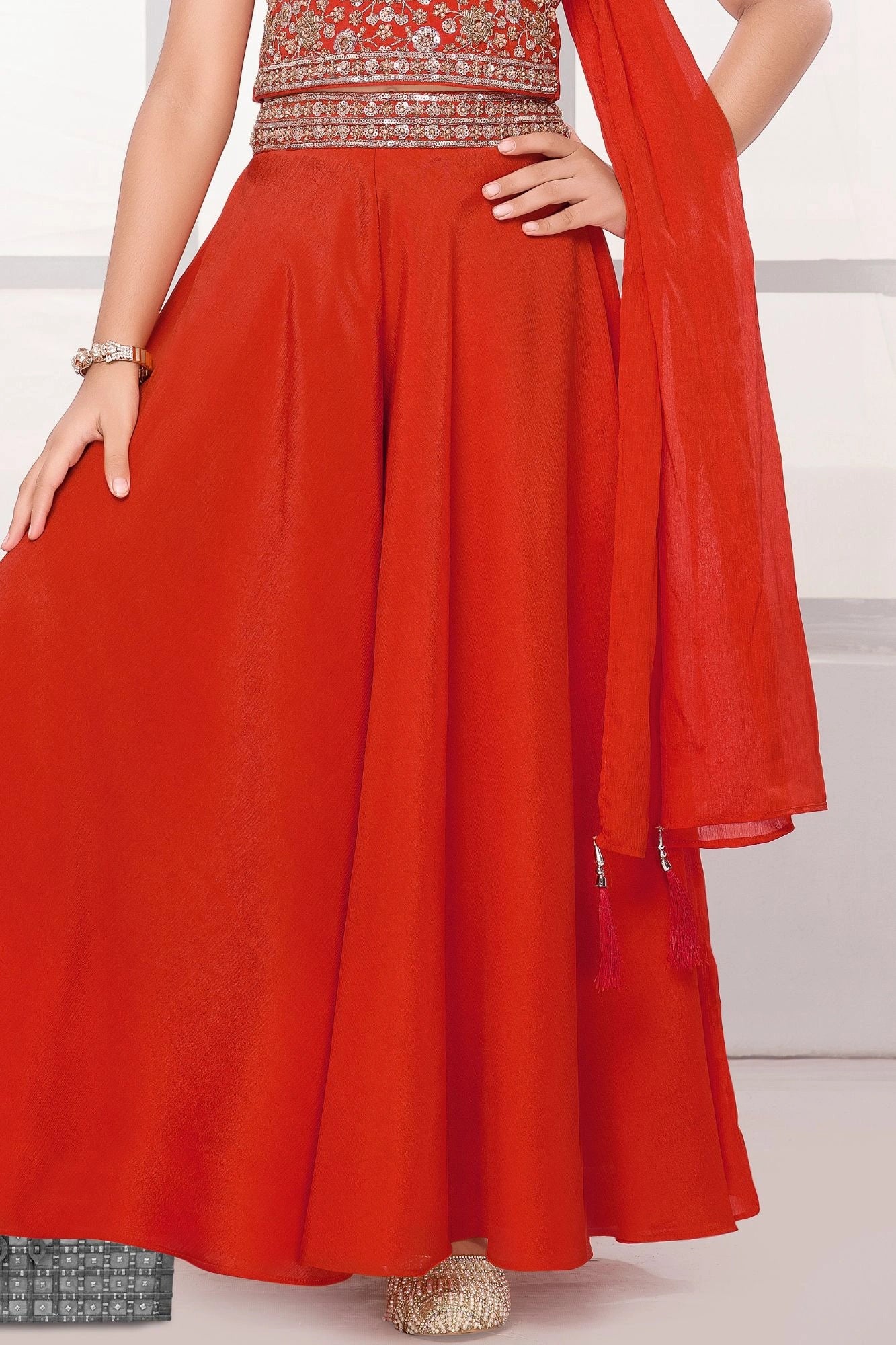 Rust Orange Embroidered Palazzo Set with Dupatta For Girls