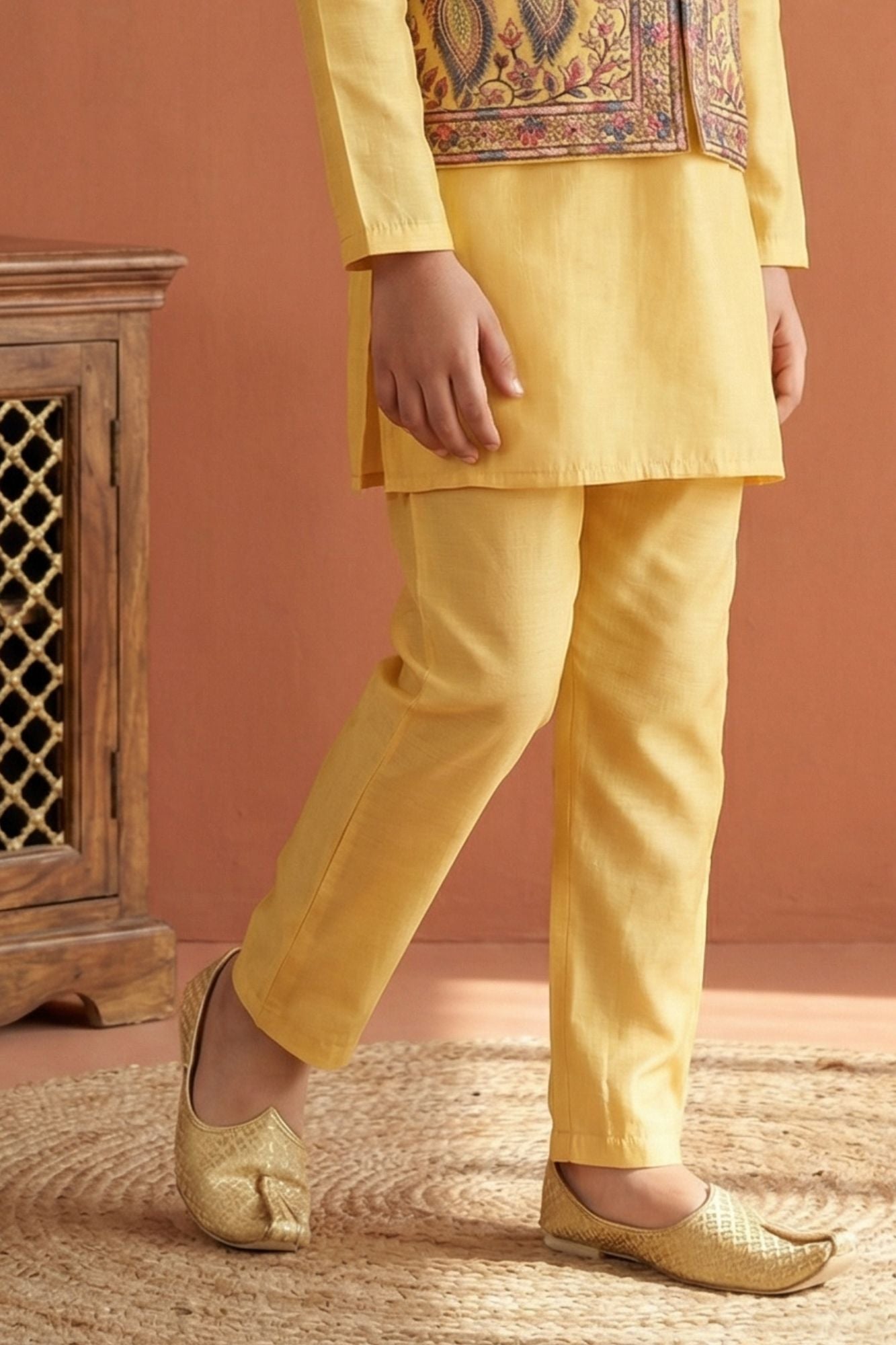 Mustard Yellow Embroidered Kurta Set with Nehru Jacket For Boys