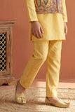 Mustard Yellow Embroidered Kurta Set with Nehru Jacket For Boys
