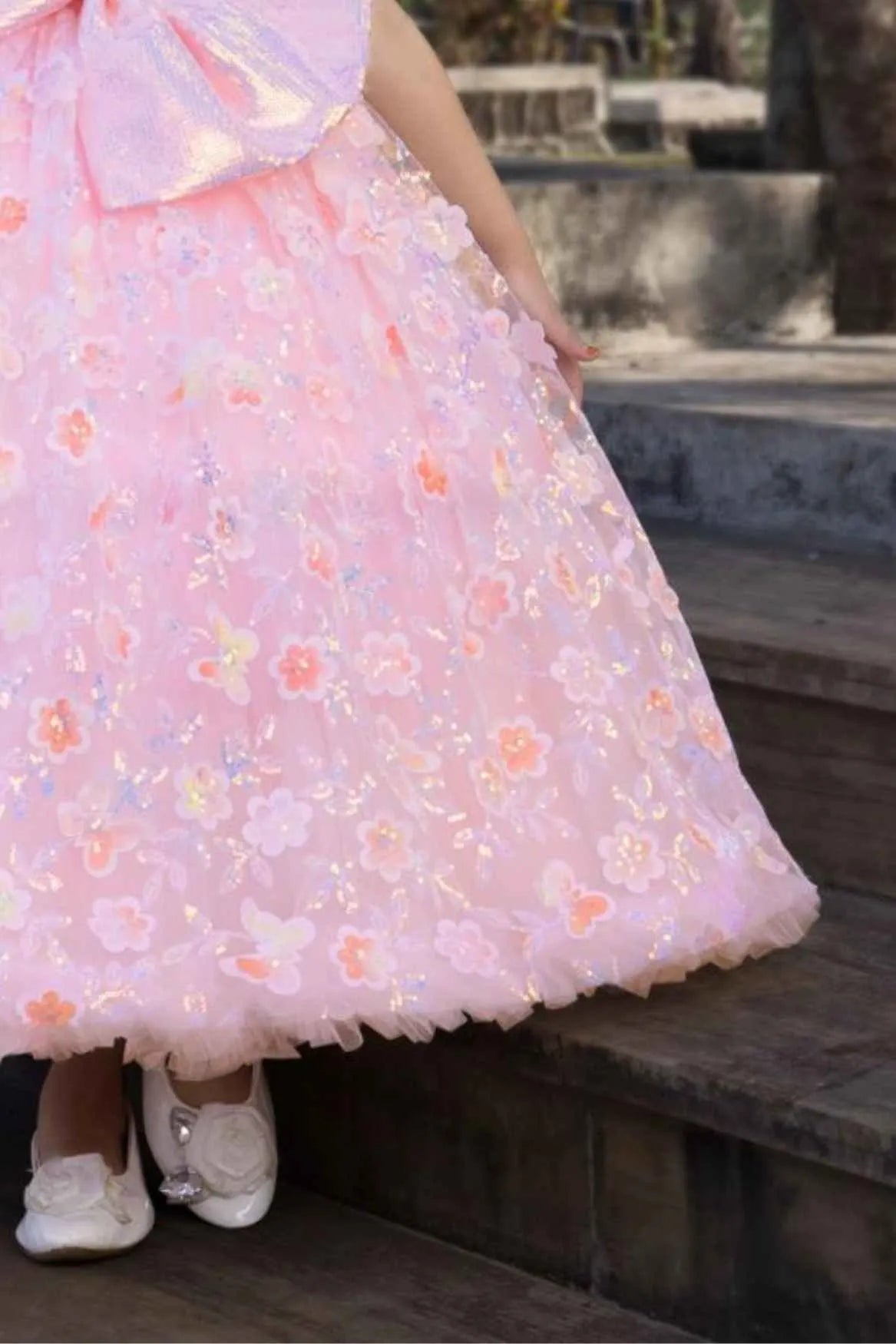 Peach Party Wear Gown With Sequin Flowers And Giant Bow For Girls