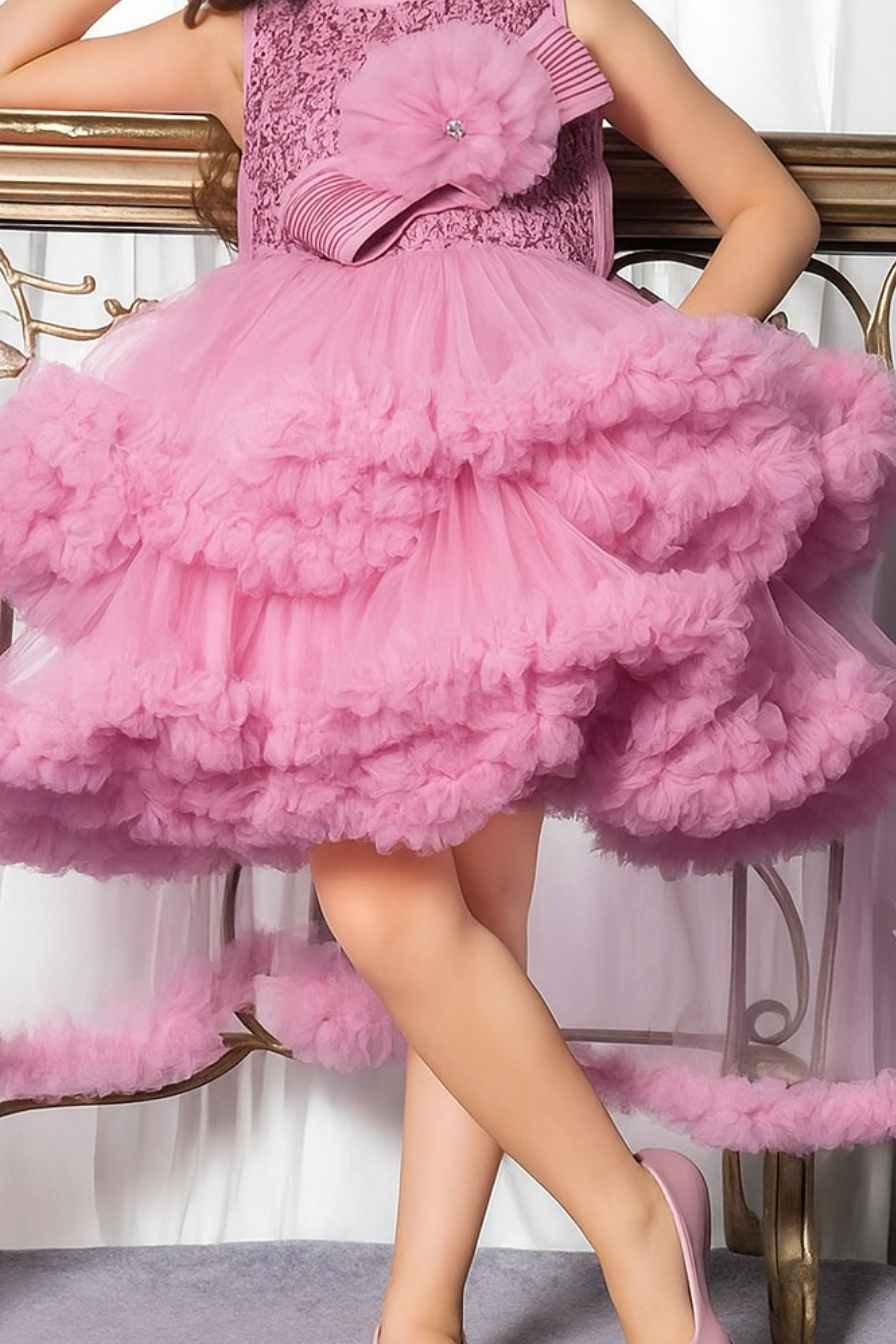 Bold Onion Pink High-Low Partywear Frock for Girls