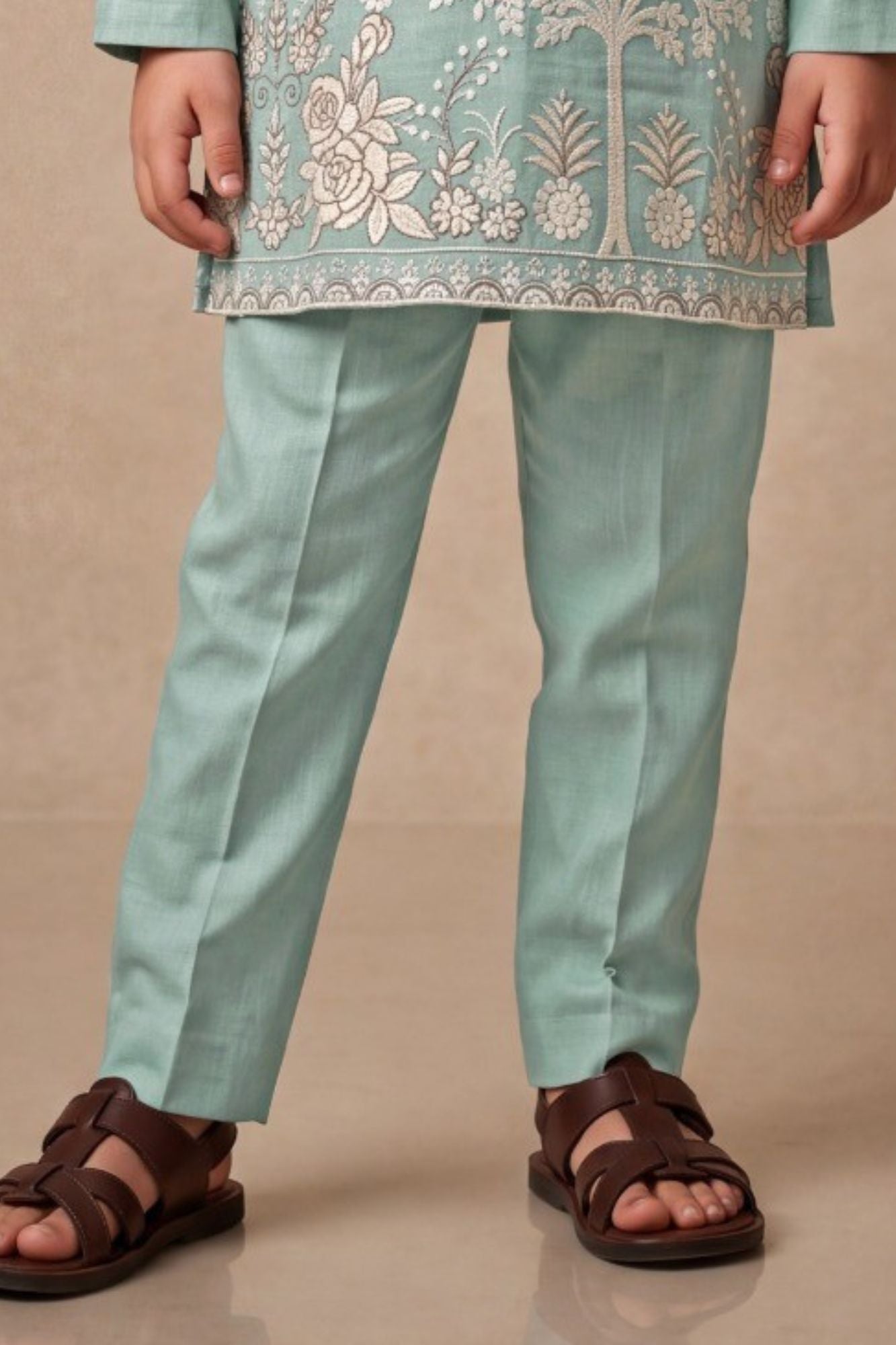 Boys Sage Green Kurta Pajama Set With Floral Thread Embroidery