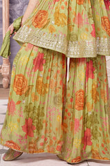 Green Sleeveless And Sequins Embroidery With Floral Printed Sharara Set For Girls