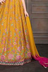 Mustard Printed Gown With Golden Embroidery For Girls