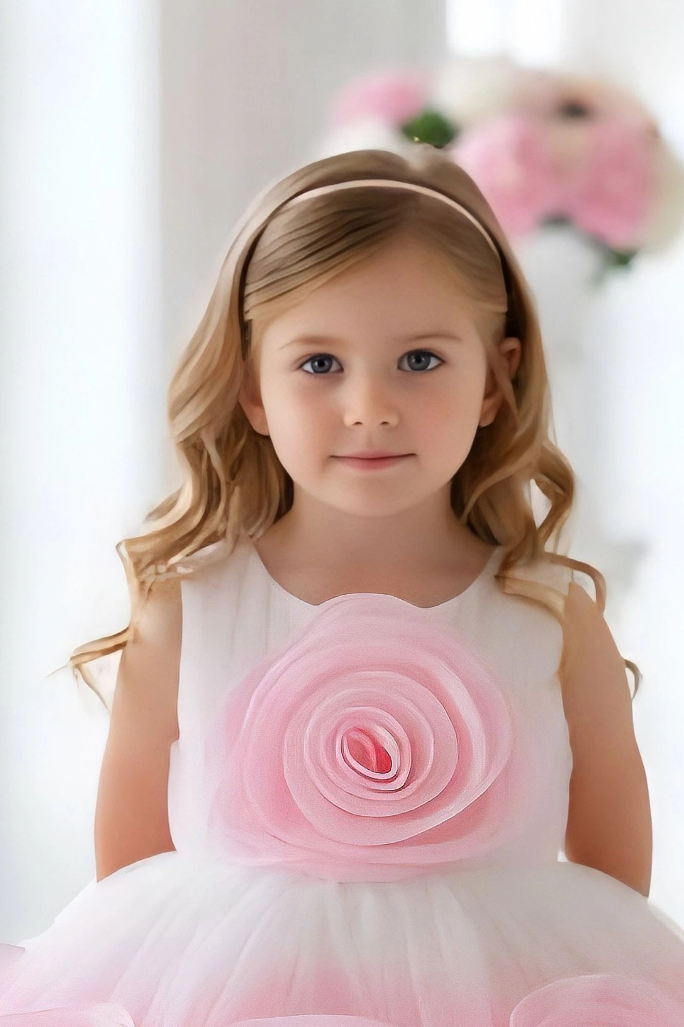 White & Pink 3D Rosette Embellished Party Wear Frock For Girls