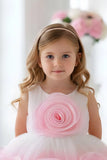 White & Pink 3D Rosette Embellished Party Wear Frock For Girls