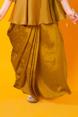 Mustard Embroidered Top With Dhoti Bottom Set For Girls