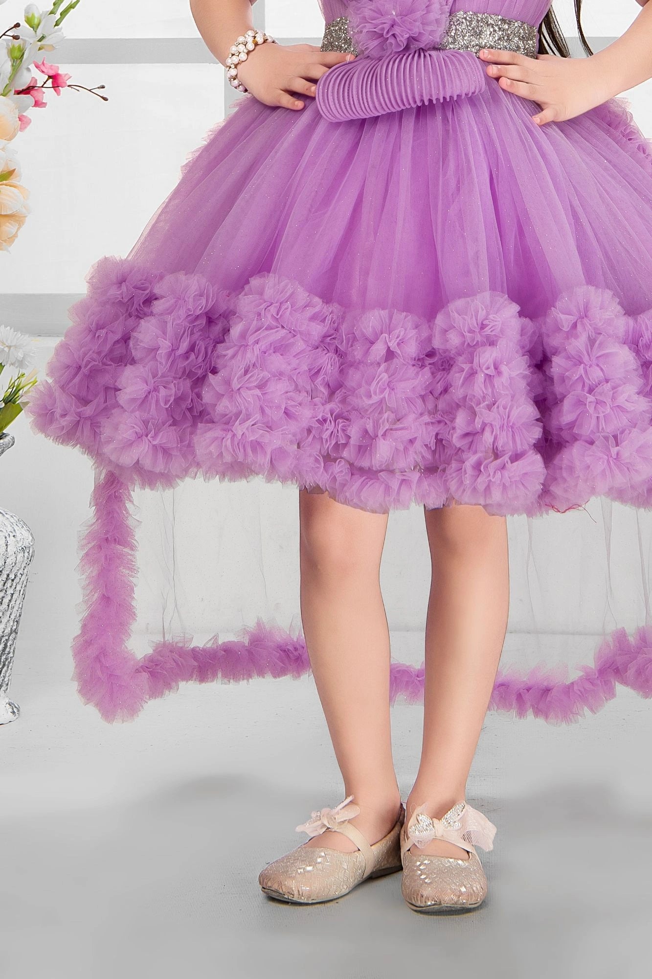 Lavender Embellished Party Wear Frock with Pleated Bodice and 3D Ruffle Hemline For Girls