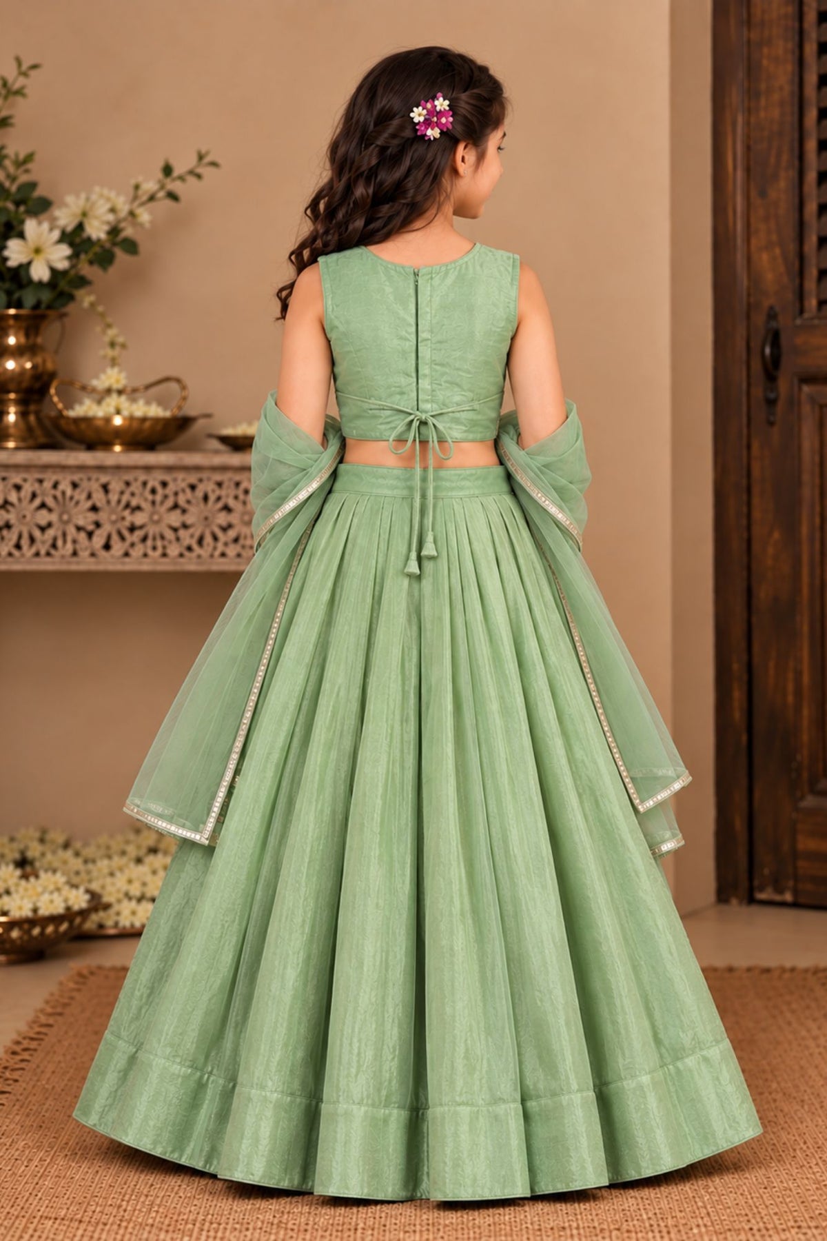 Pista Green Floral Embellished Lehenga Choli Set