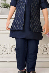 Classic Navy Blue Kurta Set With Overcoat For Boys