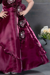 Wine Organza Gown With Floral Embellished For Girls